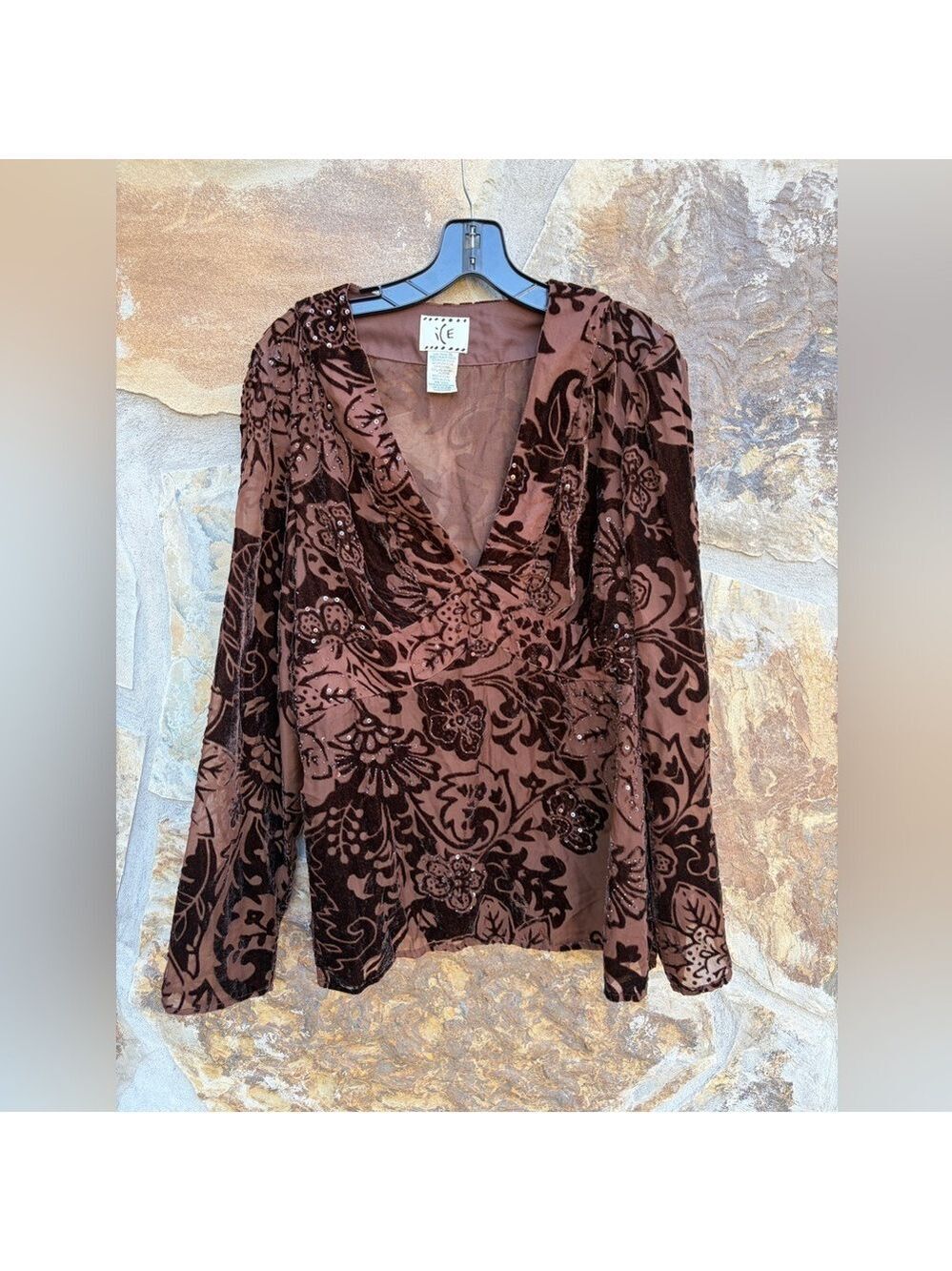 Vintage ICE Burnout Velvet Beaded Popover Blouse Top Sequins Espresso Event